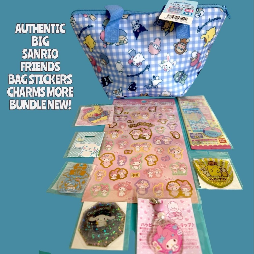 BIG SANRIO & FRIENDS TOTE STICKERS BAG CHARMS BUNDLE NEW!